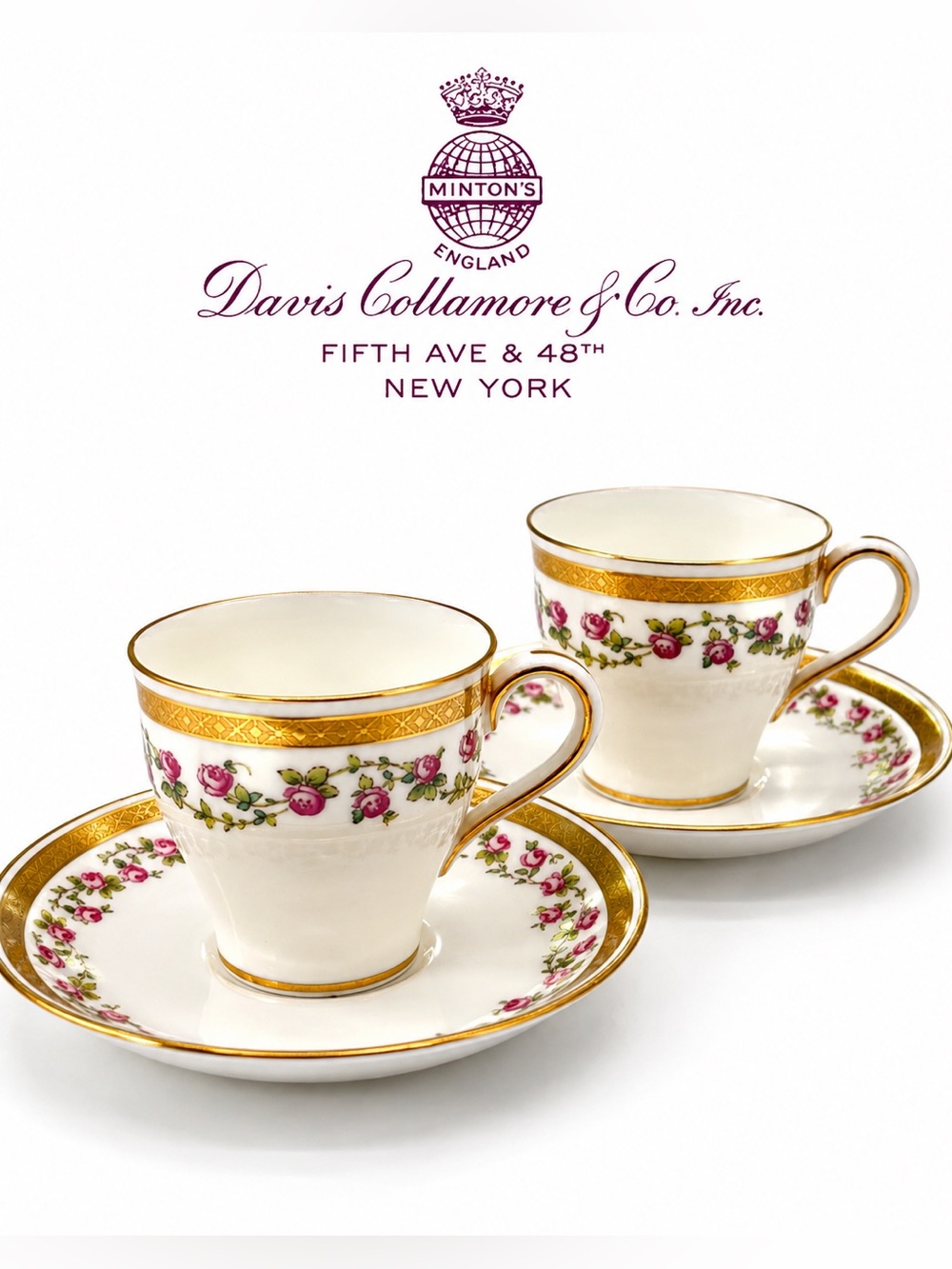 Minton Collamore Gold Gilt Rose Demitasse Cups & Saucers Set of 2